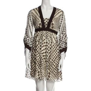 Milly of New York NWT Vintage Silk Chiffon Brown Polka Dot Flare Dress, Size 2